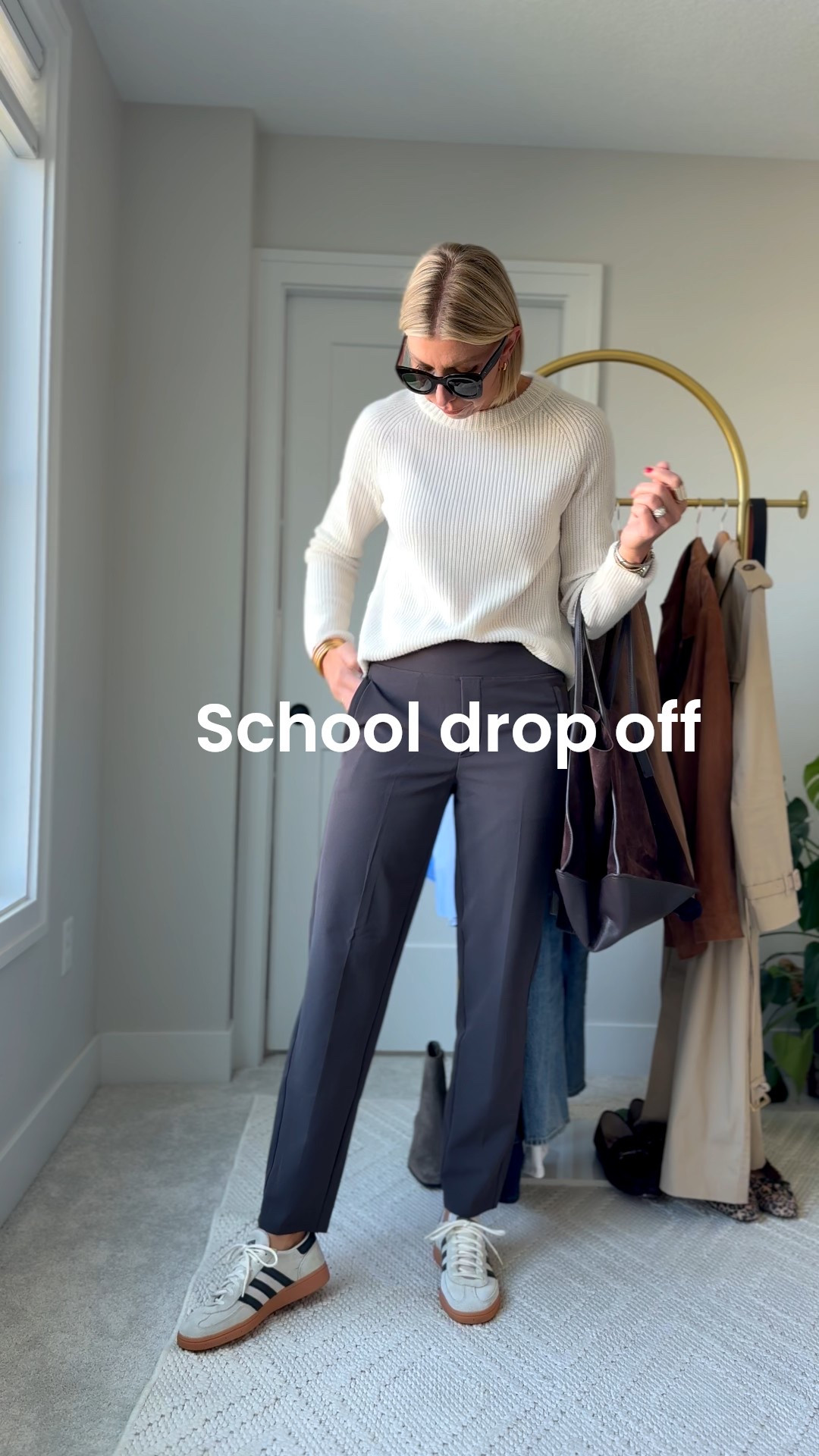 Fall capsule outfit: School drop-off → chic comfort - wearing my true to size 6 in the trousers. A size small in the cashmere sweater and my sneakers fit true to size. 
I’m 5‘10“ for height reference 

#LTKOver40 #LTKStyleTip #LTKSeasonal