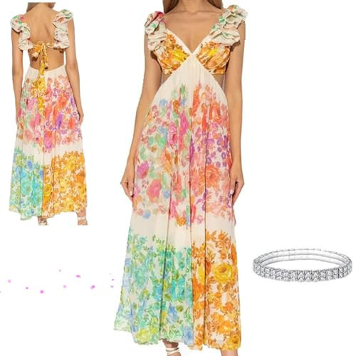 Aurelio Floral Summer Dress,Women's Boho Flowy V-Neck Floral Midi Dress,Smocked Spring Fall Wedding Guest Dresses Multi-Colored | Amazon (US)