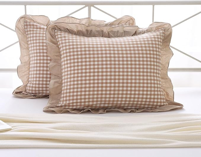 Aryeleay 2 Pack Taupe White Plaid Ruffle Euro Pillow Shams 20x26 inches, Washed Cotton Gingham Ca... | Amazon (US)