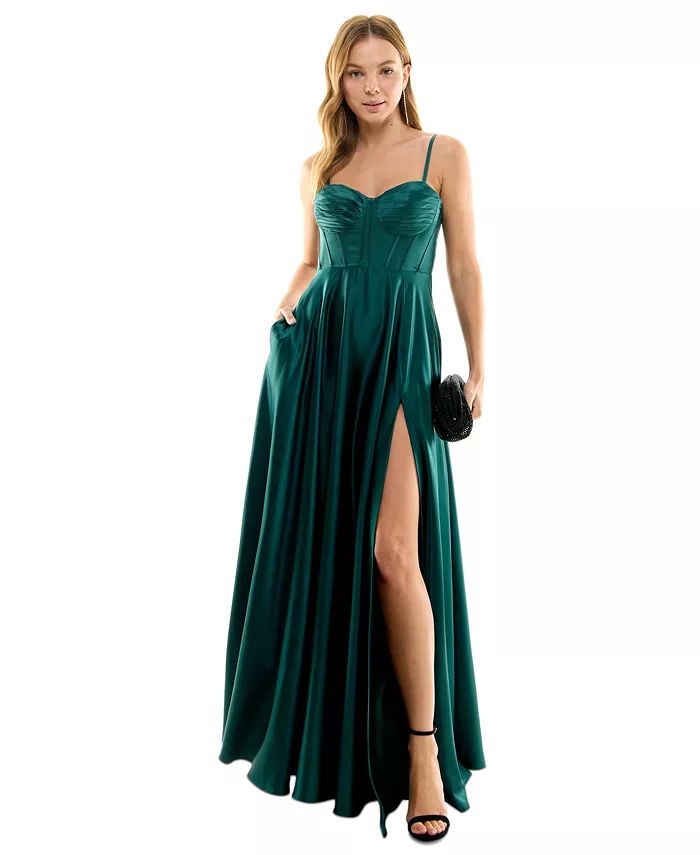 Juniors' Pleated-Bodice High-Slit Evening Gown | Macy's