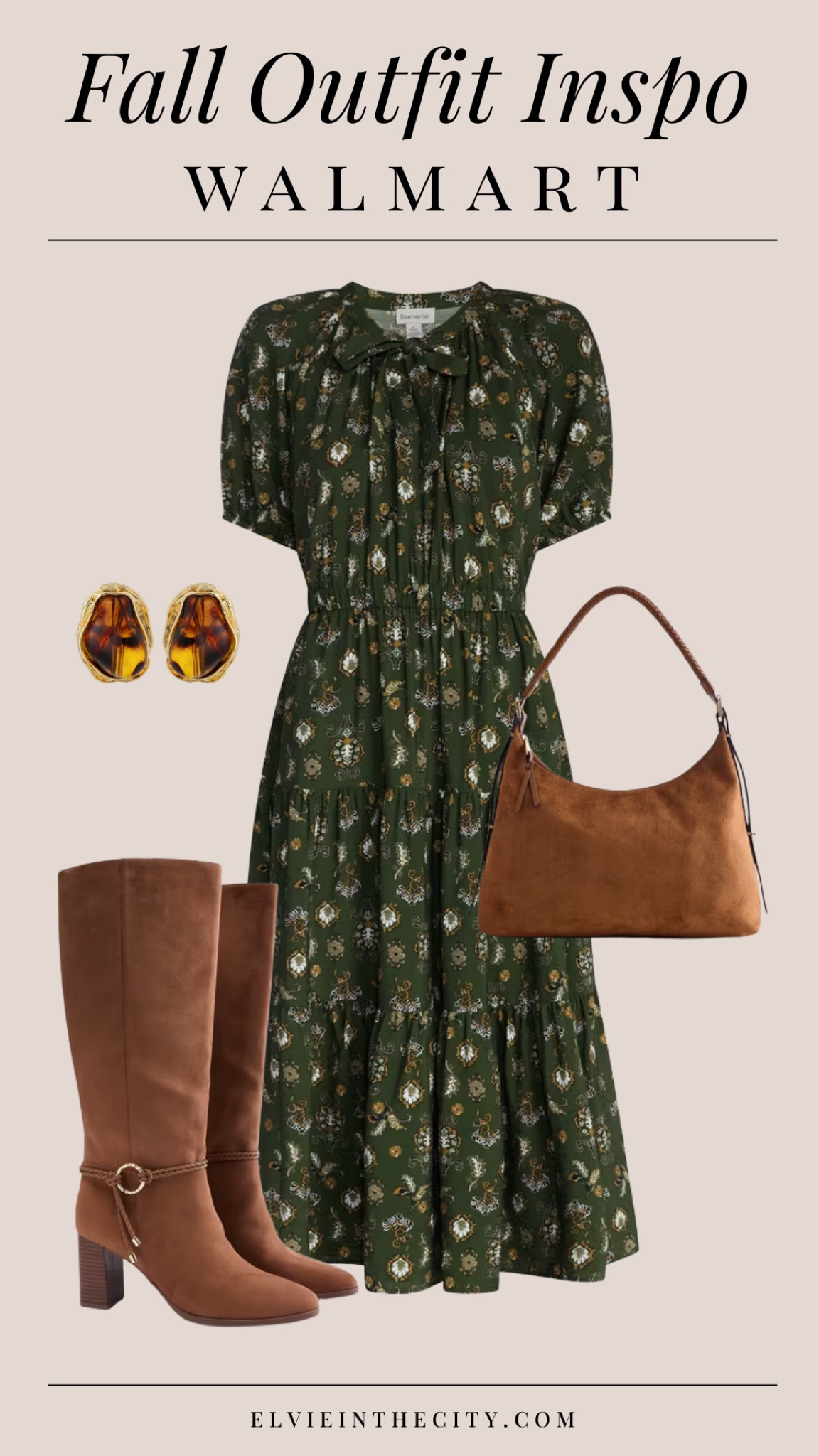 Fall outfit inspo from Walmart includes a green floral dress, faux suede bag and boots, and brown stone earrings. 

Walmart finds, midlife women, petite fashion, affordable fashion, fashion over 40, over 50 style 

#LTKPetite #LTKootd