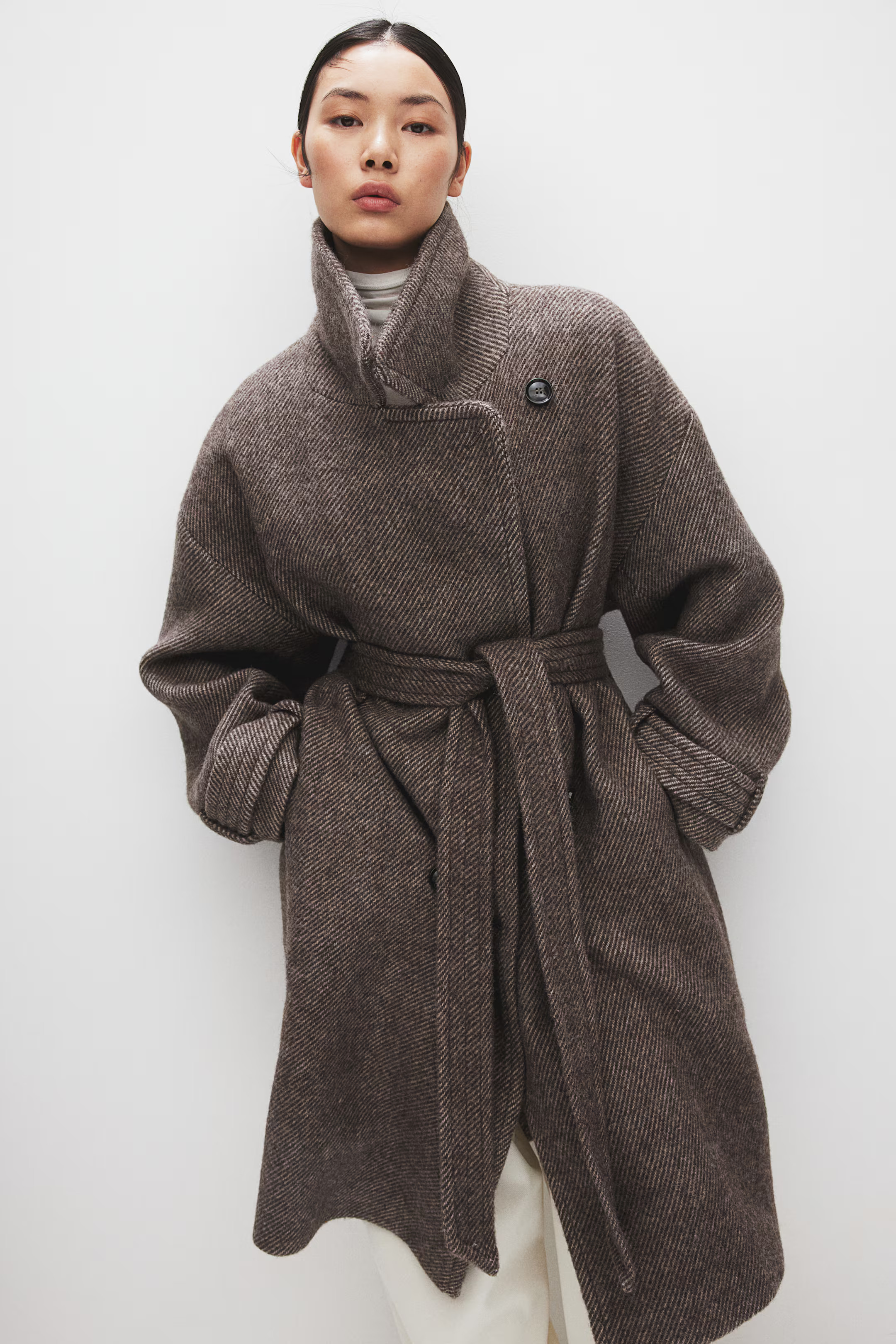 Double-breasted wool coat - Dark brown/Striped - Ladies | H&M GB | H&M (UK, MY, IN, SG, PH, TW, HK)
