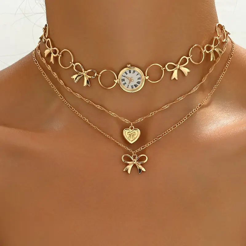 Fastest delivery: 5 business daysChic Multi-Layer Golden-Tone Necklace with Heart, Bow & Clock Pe... | Temu Affiliate Program