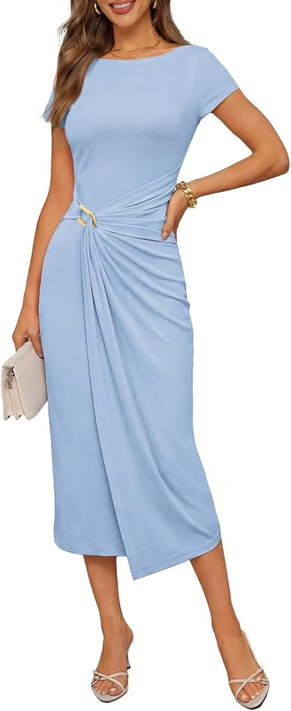 MEROKEETY Women's 2026 Cocktail Party Midi Dresses Summer Spring Boat Neck Ruched Cap Sleeve Wedd... | Amazon (US)