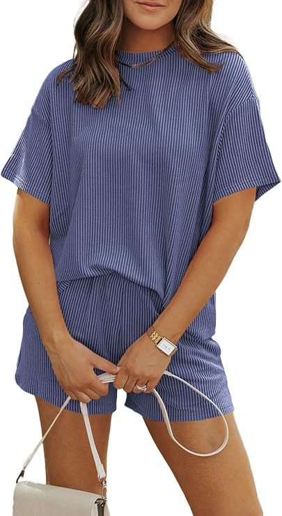 MARZXIN Women 2 Piece Short Set with Vertical Stripes Summer Cruise Outfits | 2026 Short Sleeve P... | Amazon (US)