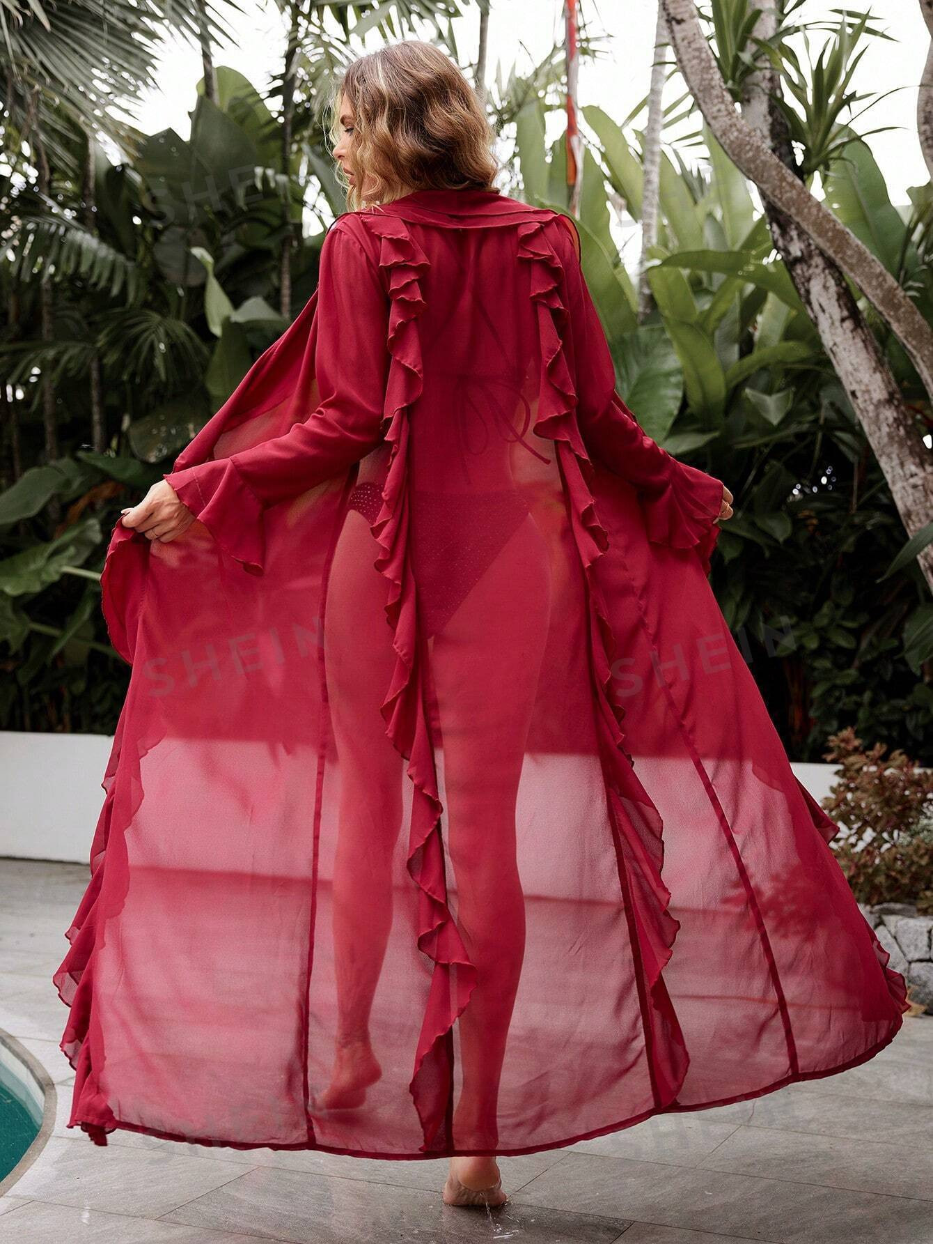 SHEIN Leisure Women'S Ruffle Edge Mesh Tie Kimono | SHEIN