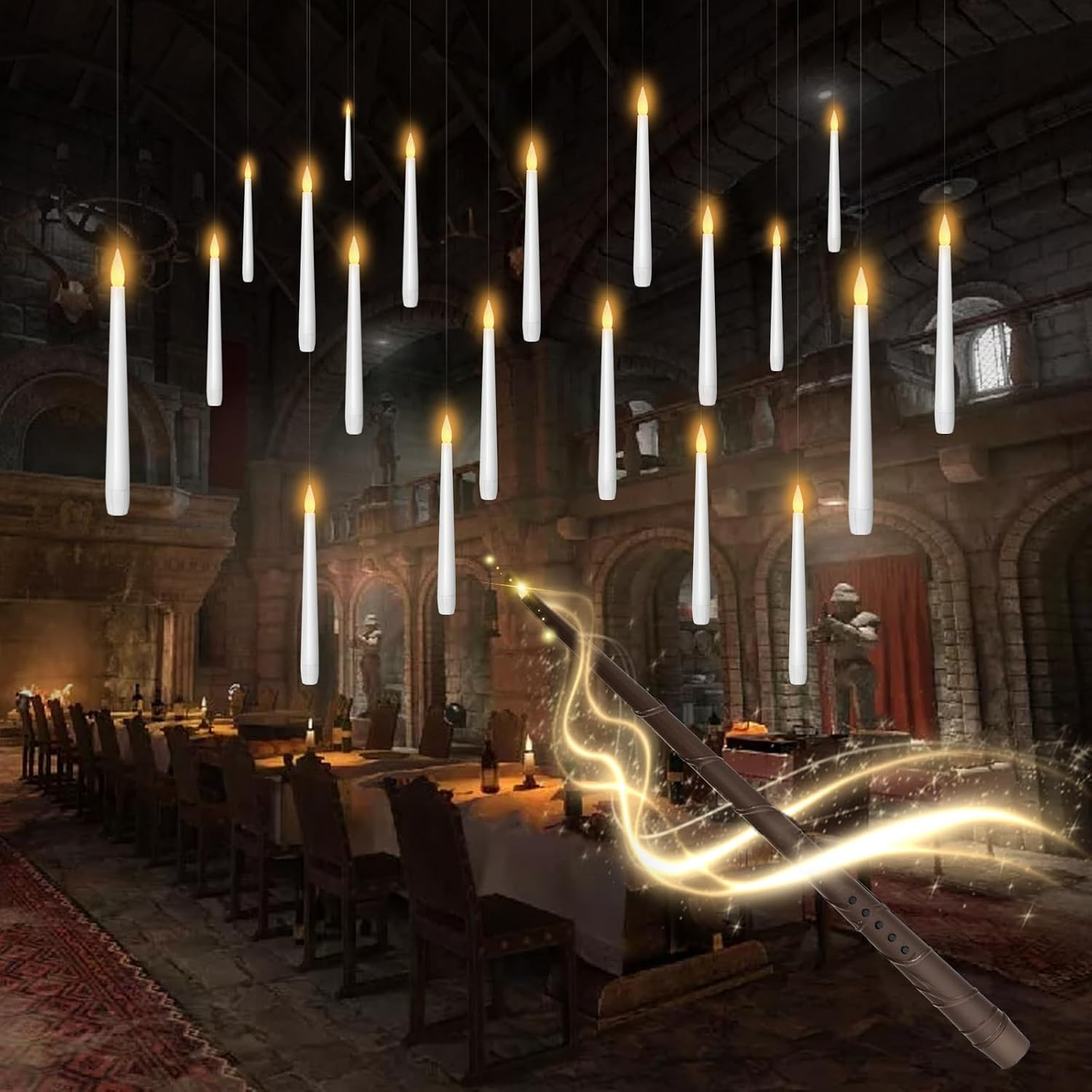 kakoya Flameless Floating Candles with Wand，20 Pcs Magic LED Hanging Taper Candles，Flickering Battery Operated Taper Candle with Wand Remote for Halloween Decorations Best Gift（White） | Amazon (US)