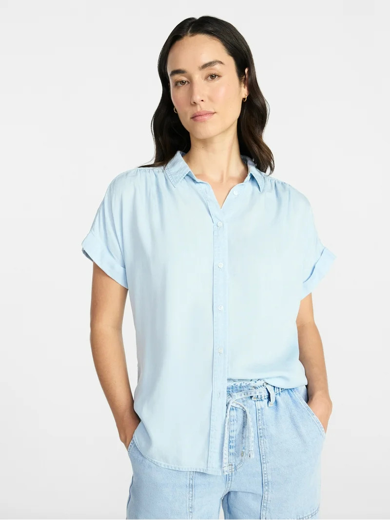 Time and Tru Women's Chambray Camp Shirt with Short Sleeves, Sizes XS-XXXL | Walmart (US)