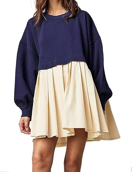 Women Oversized Sweatshirt Dress Crew Neck Long Sleeve Patchwork Pullover Tops Baggy Flowy Sweats... | Amazon (US)