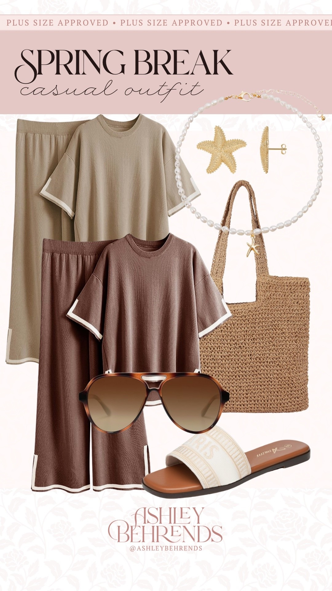 One of my favorite Amazon lounge sets makes the perfect spring break casual outfit. The contrast stitching is so cute and just makes the set look more elevated. Pairing it with look for less slides (that are super comfy) and adorable beach themed accessories completes a resort worthy look. 
Spring break plus size outfit inspo, casual resort outfit inspo 

#LTKPlusSize #LTKSeasonal #LTKTravel