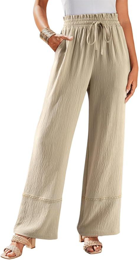 Dokotoo Womens Fall Boho 2025 Casual Wid Leg Lace Pants High Waisted Drawstrings with Pockets | Amazon (US)
