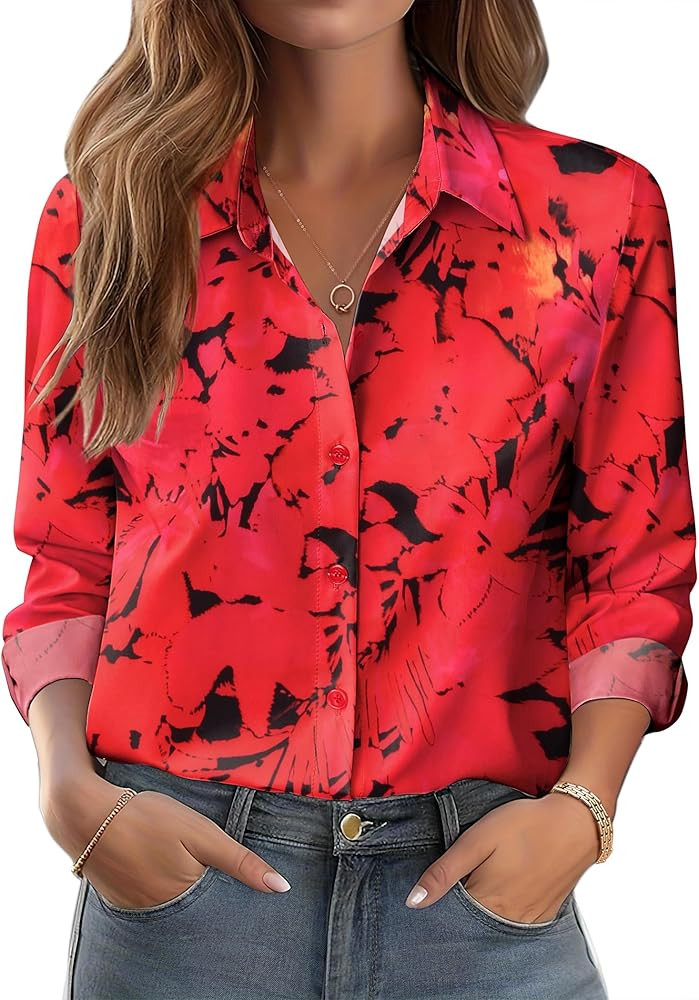 Zeagoo Button Down Shirts for Women Dressy Floral Printed Long Sleeve Blouse Business Casual Work... | Amazon (US)
