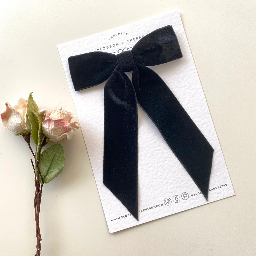 Black Velvet Long Tail Pinch Bow Velvet Hair Tie Velvet Long Tail Bow Barrette Bow Hair Clip, - E... | Etsy (US)