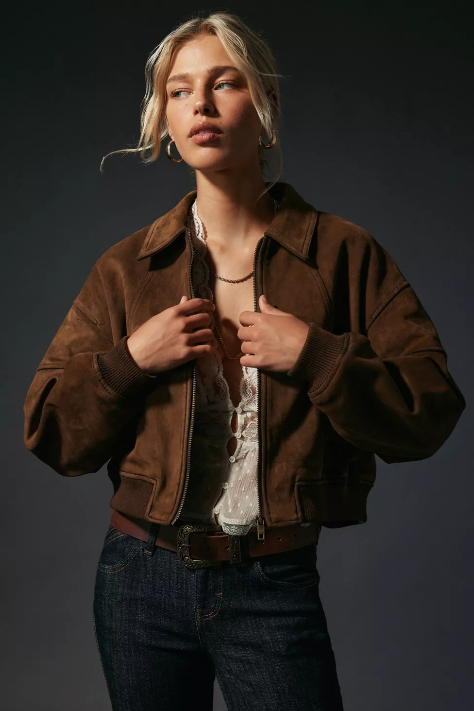UO Jennifer Cropped Faux Suede Bomber Jacket | Urban Outfitters (US and RoW)