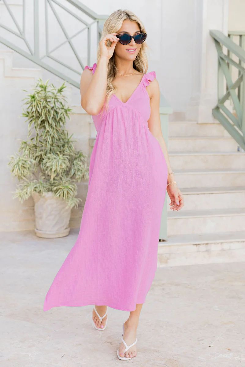 When She Walks In Pink Gauze Midi Dress | Pink Lily