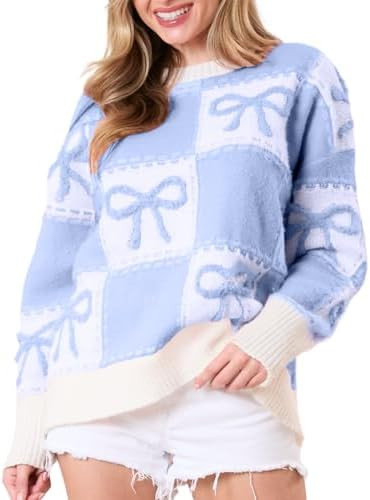 Women Y2K Fall Sweater Cute Bow Print Long Sleeve Cable Knit Pullover Casual Oversized Jumpers fo... | Amazon (US)