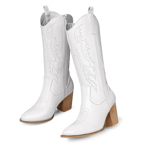 TEMOFON Cowgirl Wide Boots for Women: Mid Calf Round Toe Embroidered Western Boot Chunky Heel Cowboy with Side Zipper White 8.5 | Amazon (US)