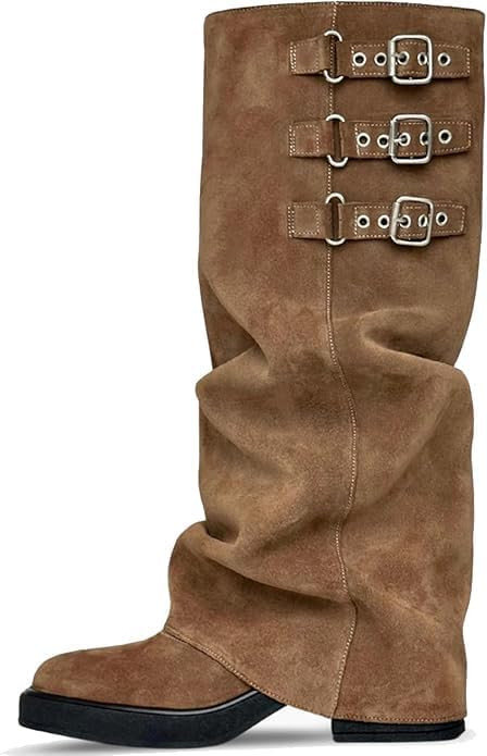 MAVMAX Women Slouchy Knee High Boots Casual Round Toe Pull On Riding Biker Boots Fold Over Chunky... | Amazon (US)
