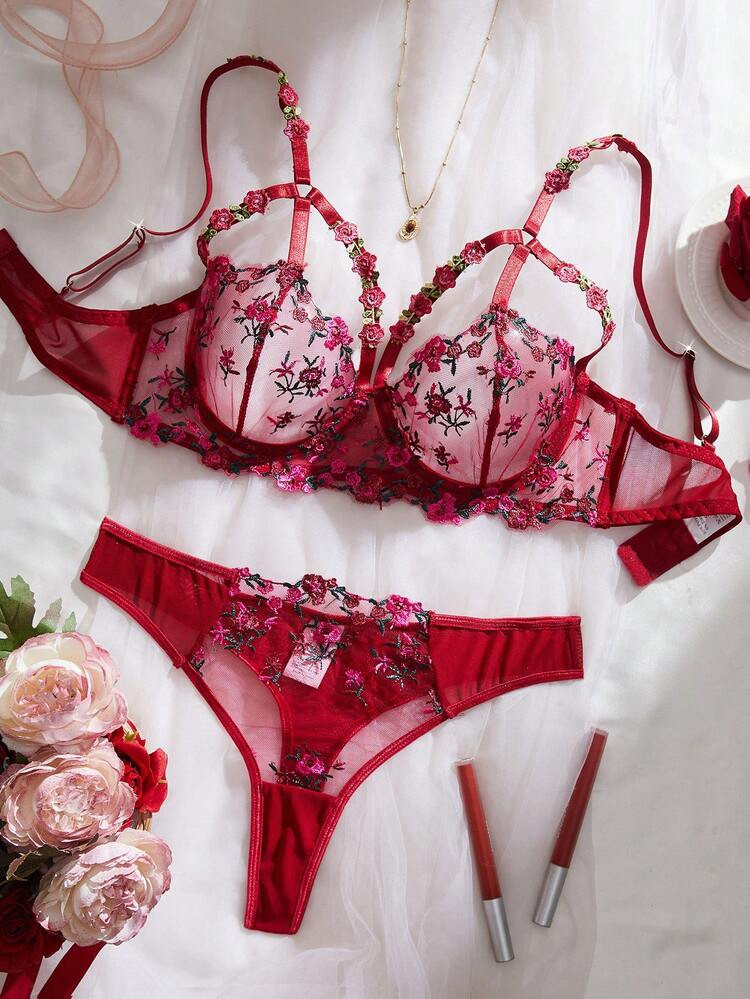 Conjunto De Lencería Sexy Para Mujer, Sujetador Y Pantie De 2 Piezas Con Bordado Floral En Color Borgoña, Tanga Sólido Cómodo, Sensual Para El Día De San Valentín En Pareja | SHEIN