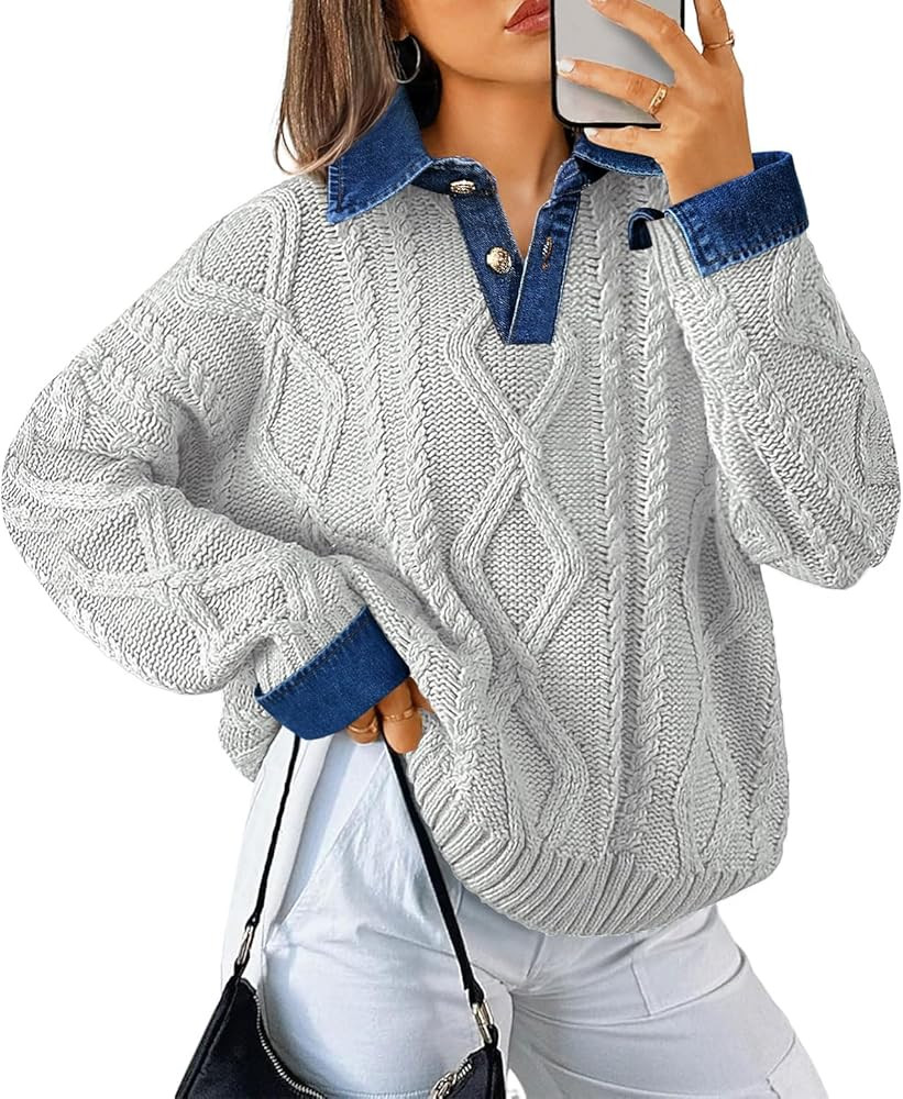 Soesdemo Womens Oversized Cable Knit Sweaters Chunky Long Sleeve Button Up Denim Polo Neck Knit P... | Amazon (US)