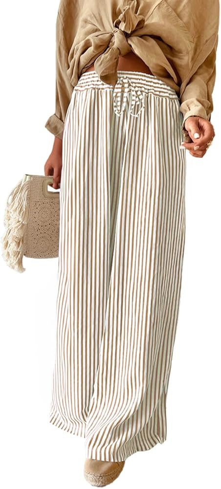 Acelitt Women Casual Drawstring Elastic Waist Striped Wide Leg Pants with Pockets, S-XXL | Amazon (US)