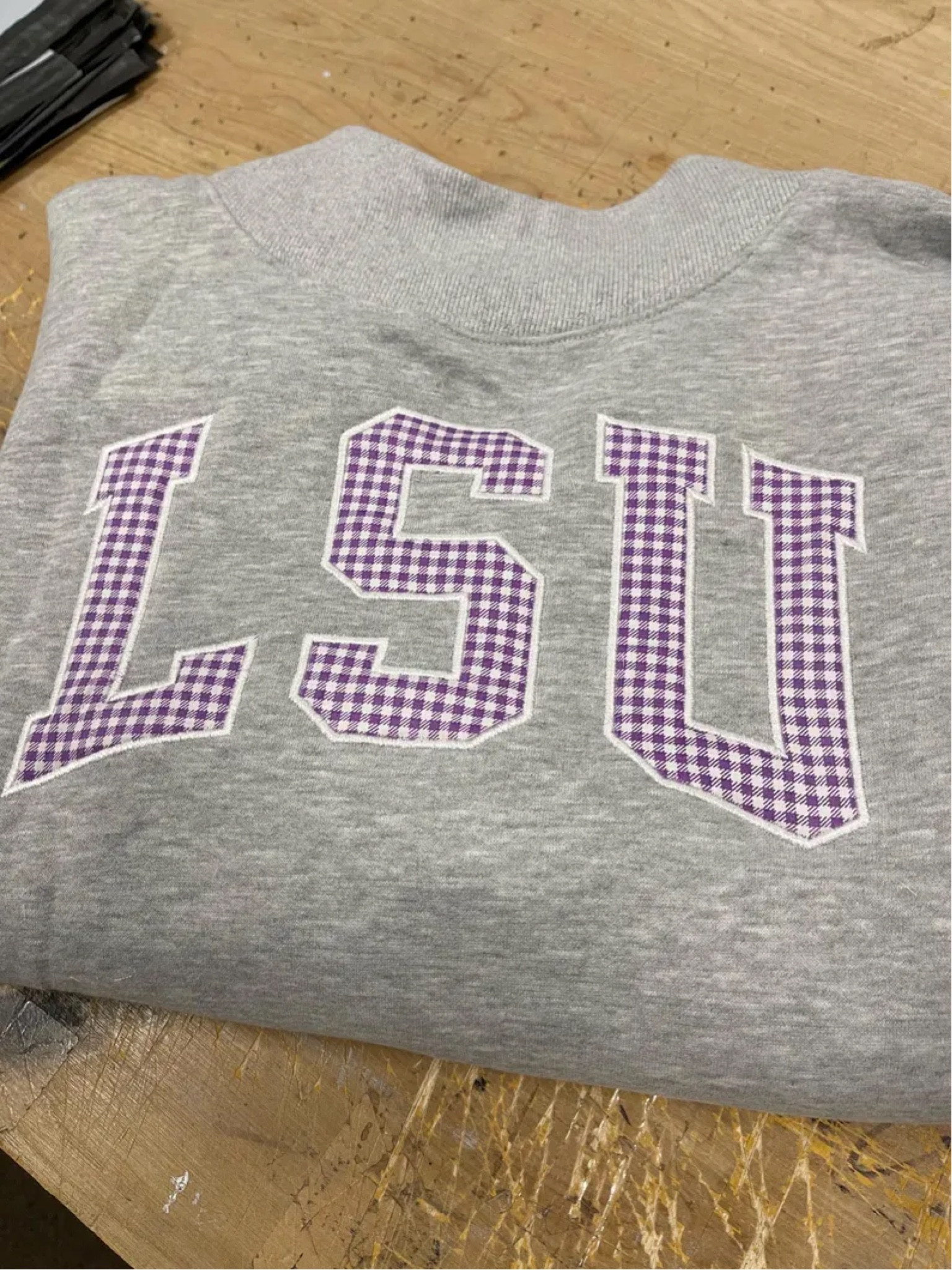 Mock Neck Sweatshirt with Custom Neckline Embroidery Custom Appliqué Sweatshirt - Women's Mock Neck Fleece Pullover custom word with Gingham Fabric Fill