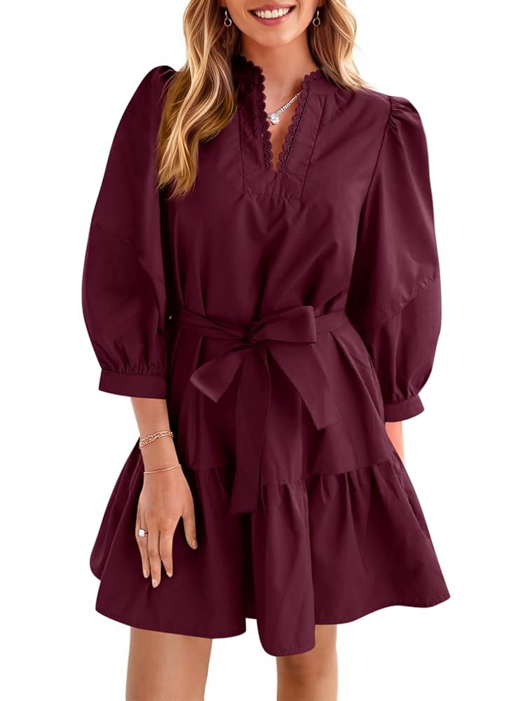 Cicy Bell Womens Puff 3/4 Sleeve Mini Dresses Bow Tie Waist V Neck Casual Trendy Ruffle Tiered Sh... | Amazon (US)