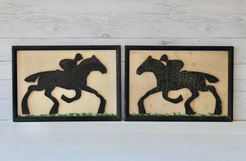 Vintage Pair of Unique Framed and Painted Wood Cutouts of Jockey and Racehorse, Vintage Framed Eq... | Etsy (US)
