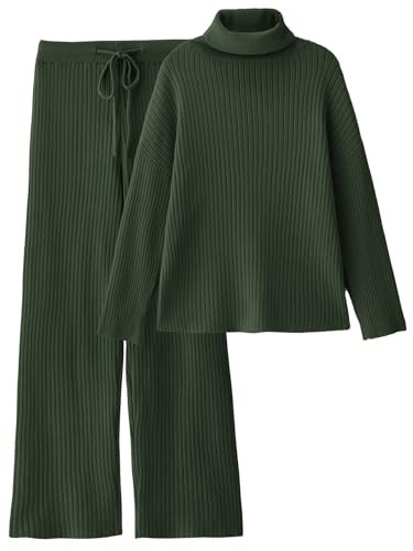 LILLUSORY Women 2 Two Piece Outfits Winter Clothes Turleneck Sweater Matching Lounge Sets Wide Leg Pants 2025 Fall Trendy Cozy Ribbed Knit Sweatsuits Sweat Suit Travel Loungewear Dark Green M | Amazon (US)