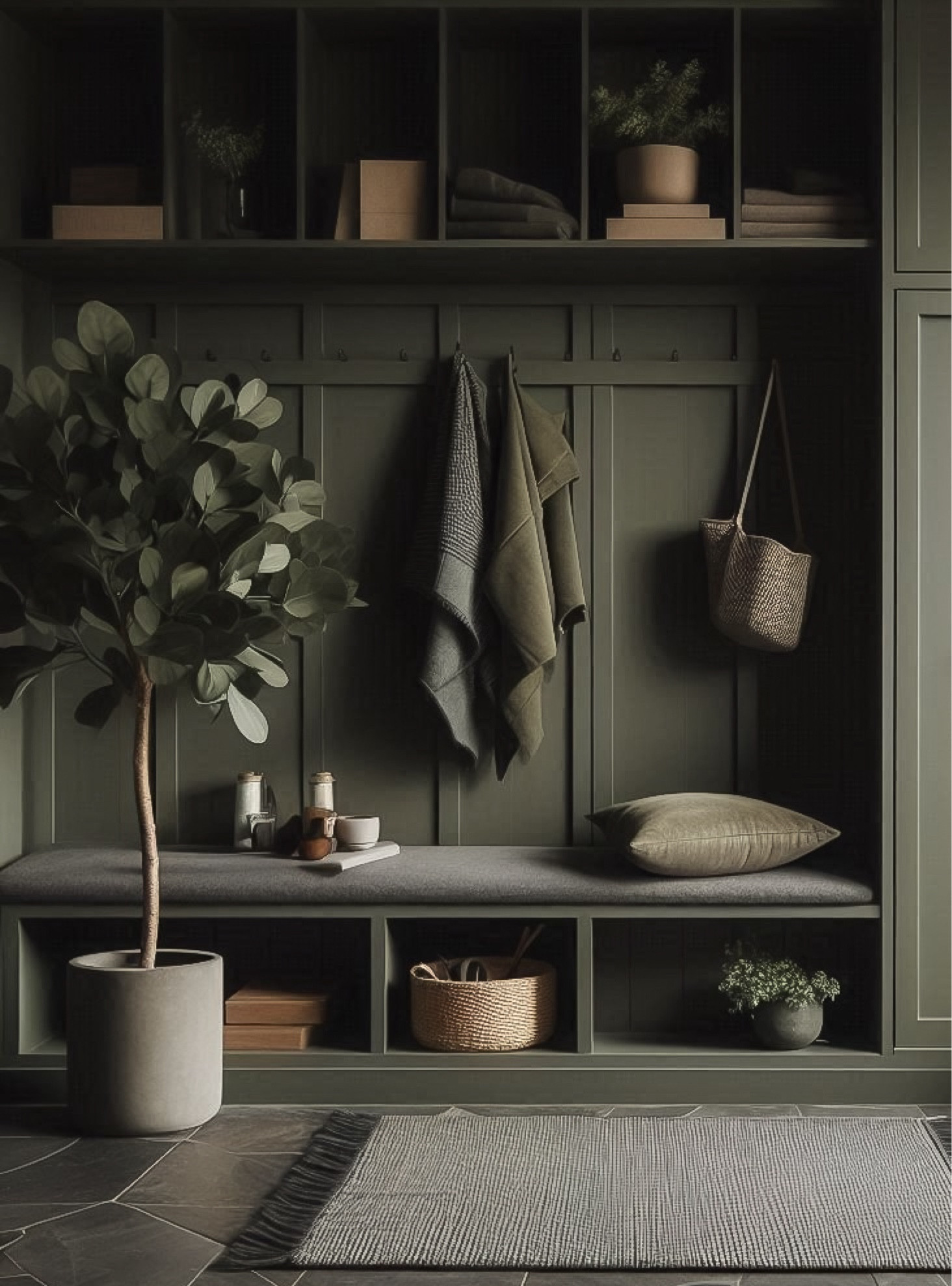 This dark mudroom is the perfect entryway design 🫶🏼 Between the built-in shelving and storage bench, not to mention that moody green paint color! 

#LTKSaleAlert #LTKHome