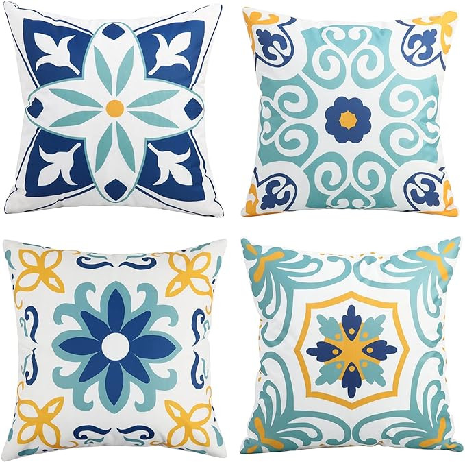 Outdoor Waterproof Throw Pillow Covers Set of 4 Floral Printed and Boho Farmhouse Outdoor Pillow ... | Amazon (US)