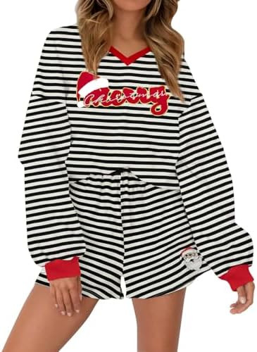 LUKYCILD Women 2 Piece Christmas Sets Striped Lounge Short Set V Neck Sweatshirt and Shorts with ... | Amazon (US)