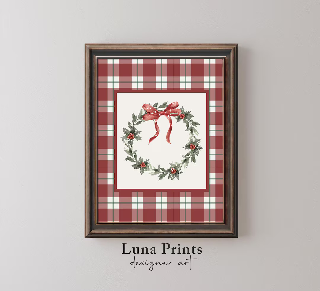 Christmas Wreath Plaid Wall Art, Watercolor Holiday Printable, Preppy Christmas Decor, Holly Berr... | Etsy (US)