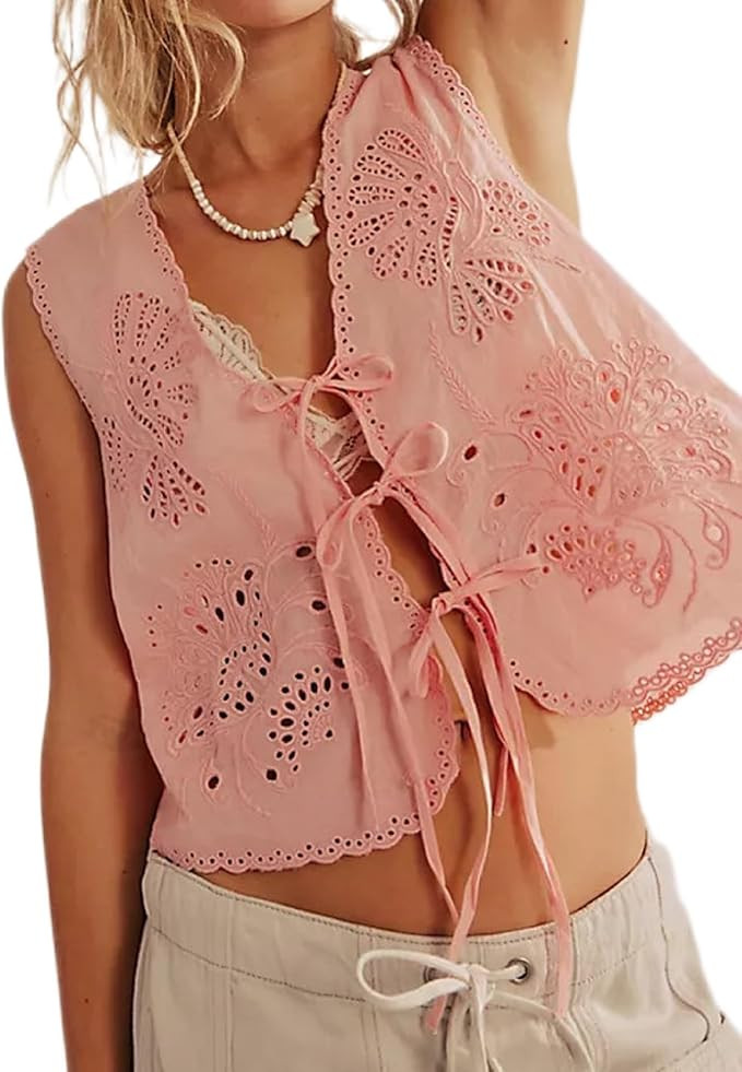 Women Floral Embroidered Eyelet Crop Top Sleeveless Mesh Hollow Out Vest Lace Patchwork V Neck Ti... | Amazon (US)