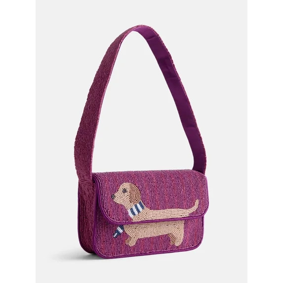 Free Assembly Women's Beaded Dachshund Flap Shoulder Bag, Maroon | Walmart (US)
