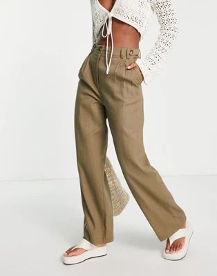 Topshop mid rise linen straight leg button detail trouser in khaki | ASOS (Global)
