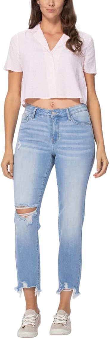 Judy Blue Mid Rise Destroyed Hem Shark Bite Boyfriend | Amazon (US)