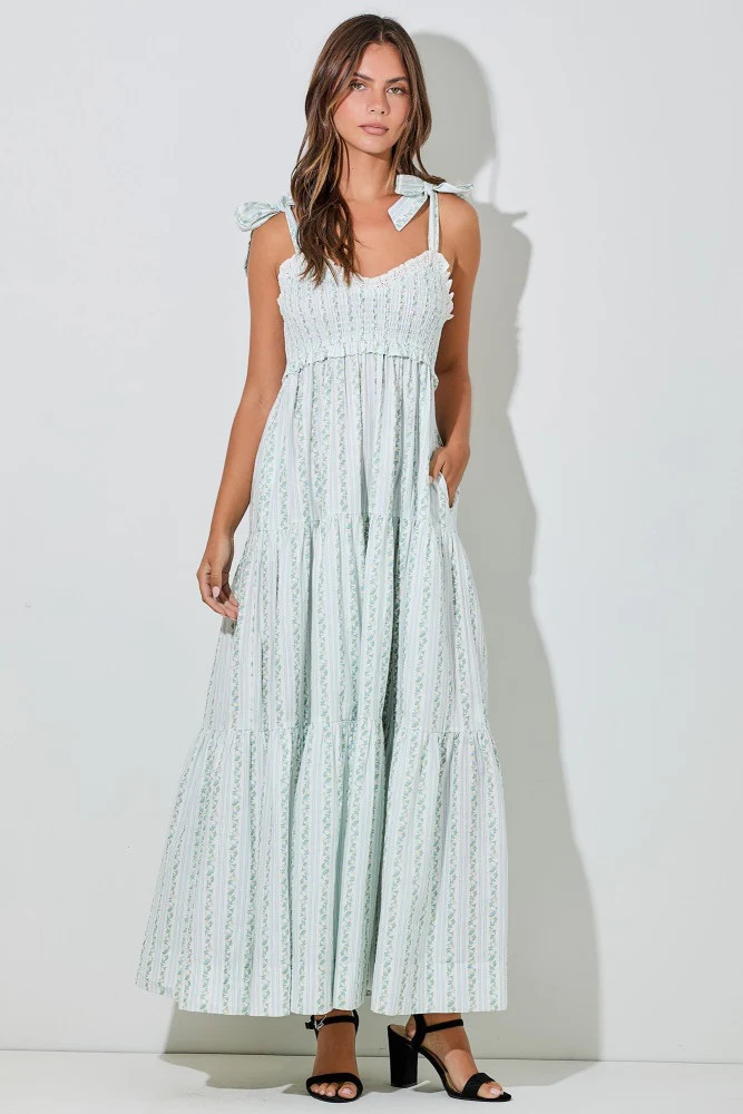 Blue Floral Striped Smocked Shoulder Tie Maxi Dress | PinkBlush Maternity
