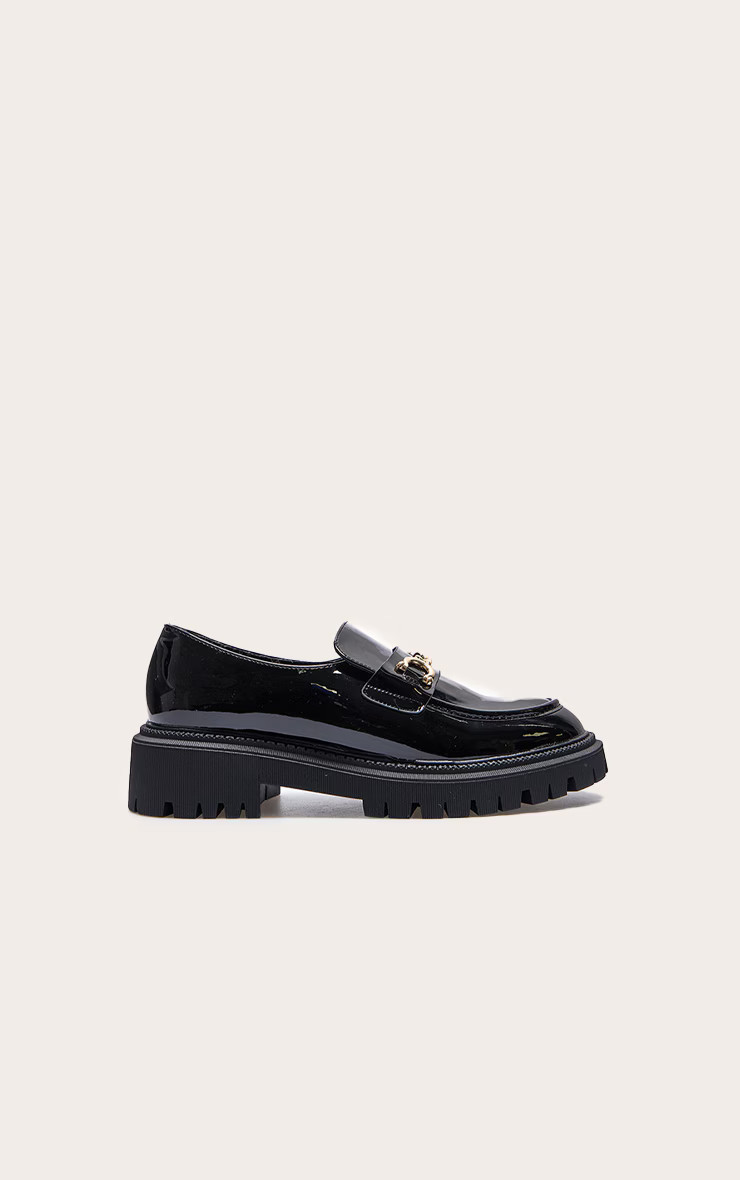 Black PU Round Toe Chunky Sole Chain Loafers | PrettyLittleThing UK