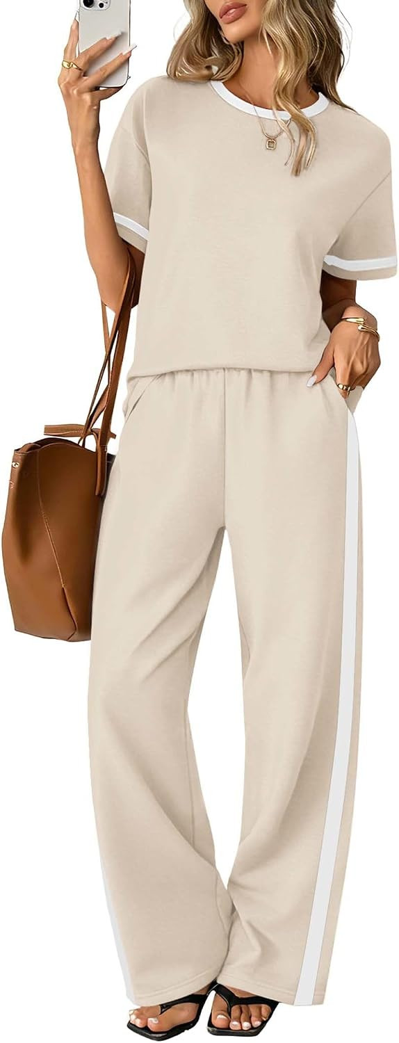 Sampeel 2 Piece Sets for Women Matching Sets Summer Outfits Resort Wear Short Sleeve Lounge Set Wide Leg Pants with Pockets | Amazon (US)