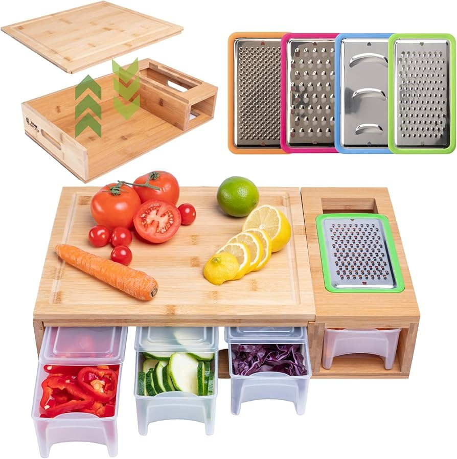 Bamboo Cutting Board With Containers - Meal Prep Station With Removable Top, Kitchen Boards & Foo... | Amazon (US)