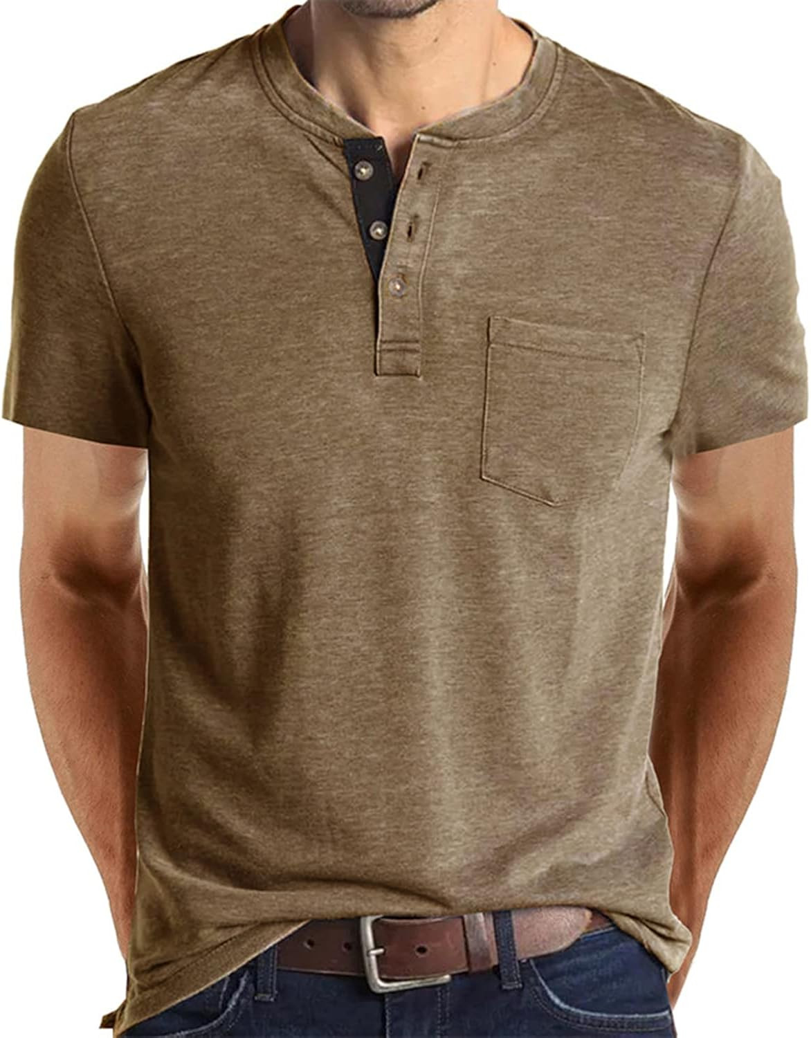 Fashion Men's Henley Shirts Classic Short Sleeve Basic Button Cotton T-Shirt with Pocket | Amazon (US)