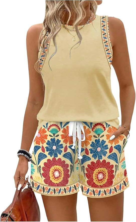 RoseSeek Women’s 2 Piece Beach Vacation Clothes Floral Tank Top and Shorts Set Tropical Summer ... | Amazon (US)