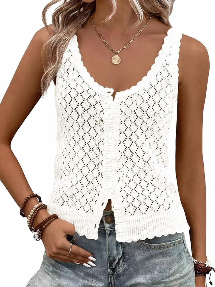 Fisoew Womens Sweater Tank Tops Summer Sleeveless Crochet Cardigan Button Down Boho Knit Going Ou... | Amazon (US)