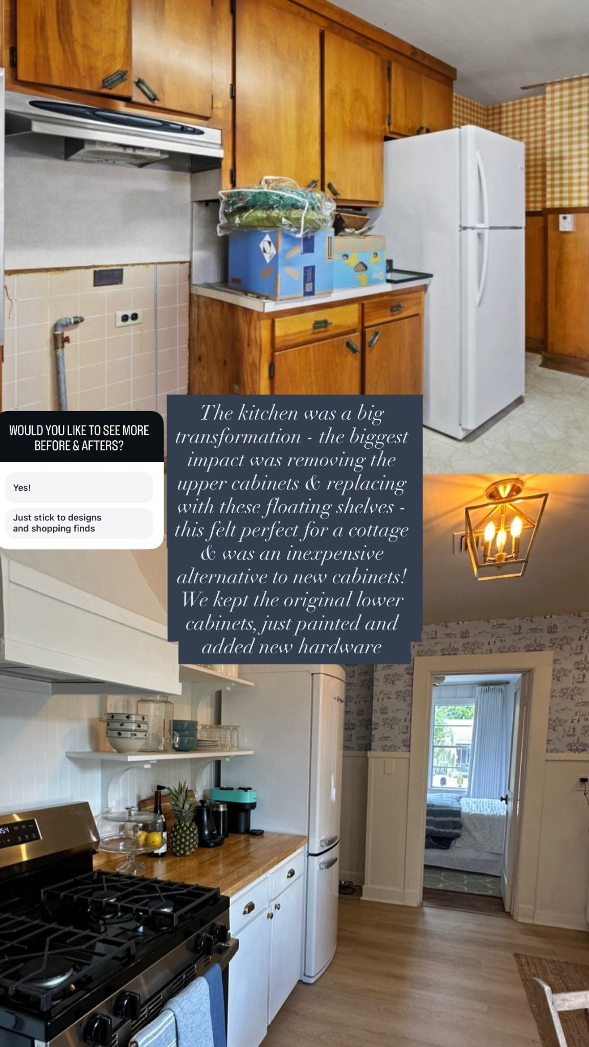 The kitchen was a big transformation - the biggest impact was removing the upper cabinets & replacing with these floating shelves - this felt perfect for a cottage & was an inexpensive alternative to new cabinets! We kept the original lower cabinets, just painted and added new hardware