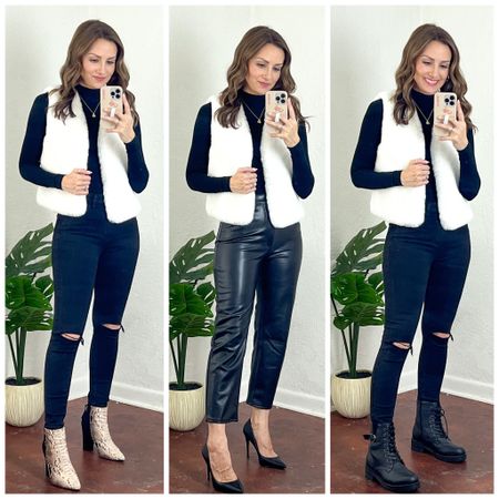 Classic black and white look! And bring back the fur vests because I’m here for it! This one is so soft and such good quality, doesn’t shed 🙌. Wearing an XS! Fav leather pants (middle pic). Wearing a 25 short. And jeans are my fav black pair. Wearing a size 0 short. Combat boots and heels are TTS. Linking similar snake skin booties because mine are old. This make a great casual holiday look. The fur vest can elevate so many causal looks to dressy. 

#LTKHoliday #LTKSeasonal #LTKunder100
