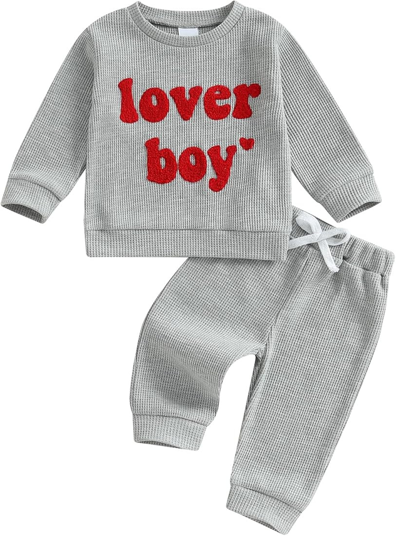 Toddler Baby Boy Valentines Day Outfit Lover Boy Embroidery Waffle Knit Sweatshirt Long Pants 2Pc... | Amazon (US)