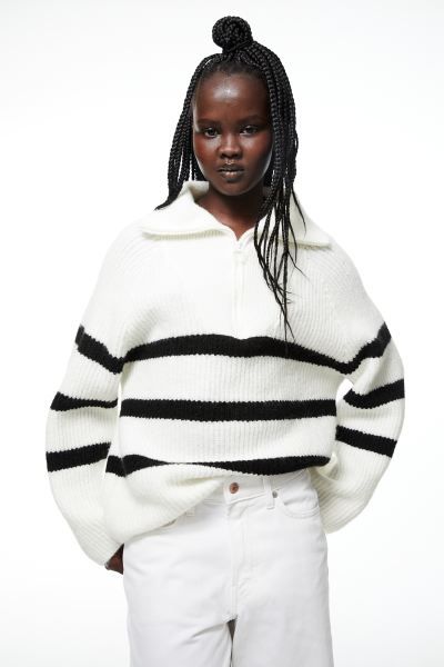 Oversized Half-zip Sweater - Beige/striped - Ladies | H&M US | H&M (US)