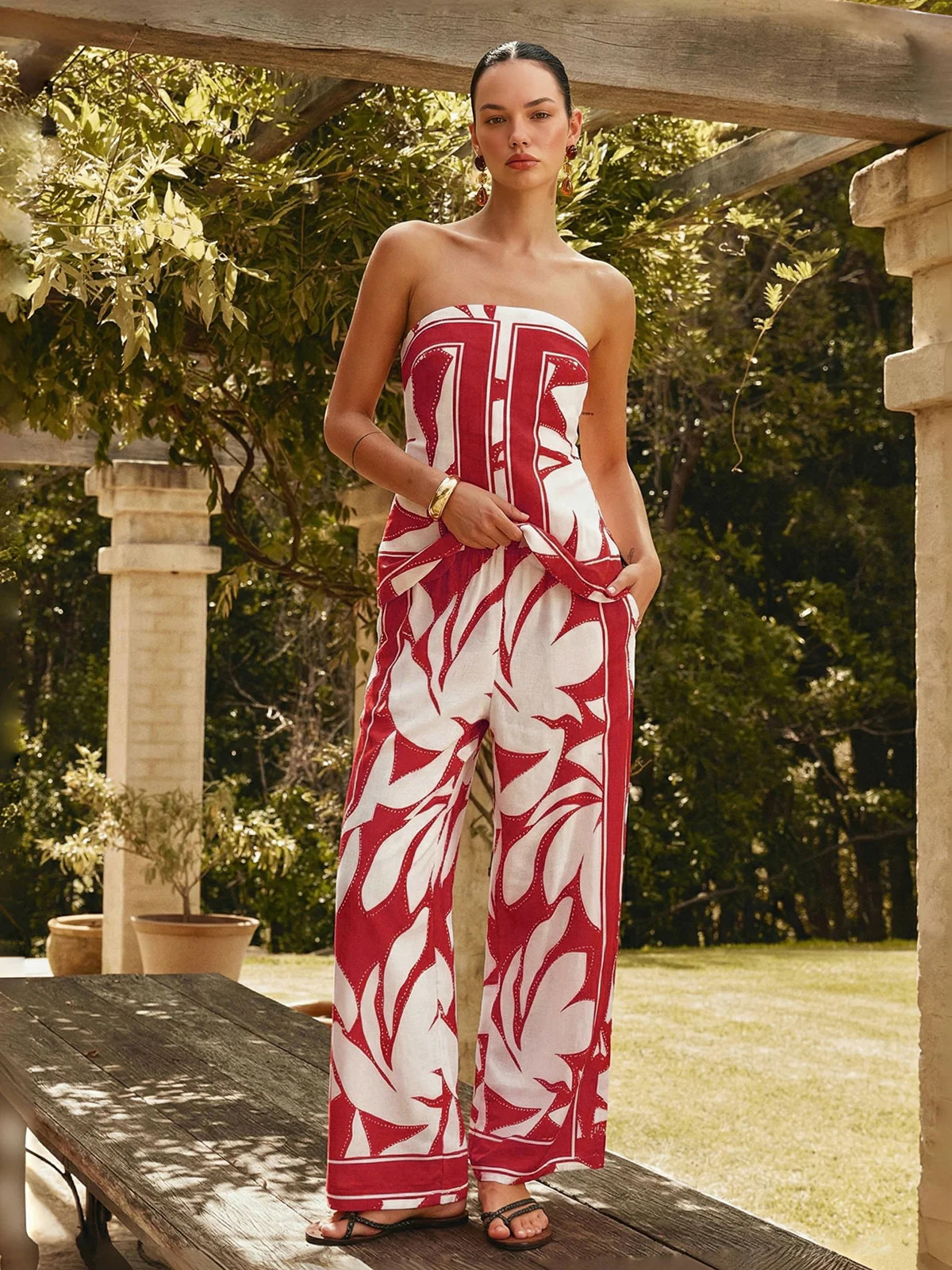 Abstract Print Strapless Top & Pants Set | Commense