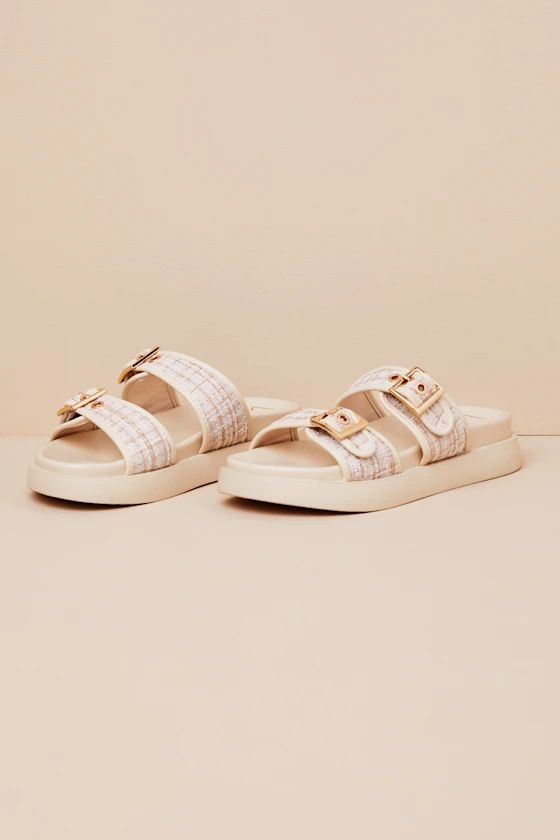 Katrinna Natural Fabric Tweed Flatform Slide Sandals | Lulus